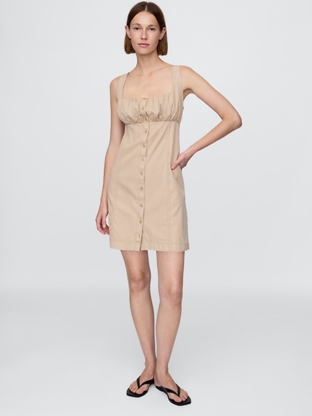 GAP 100% Cotton Tan Shirred Button-Front Mini Dress